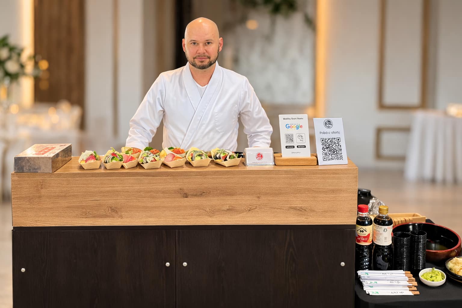 Mobilny bar sushi przygotowany do obsługi wydarzenia